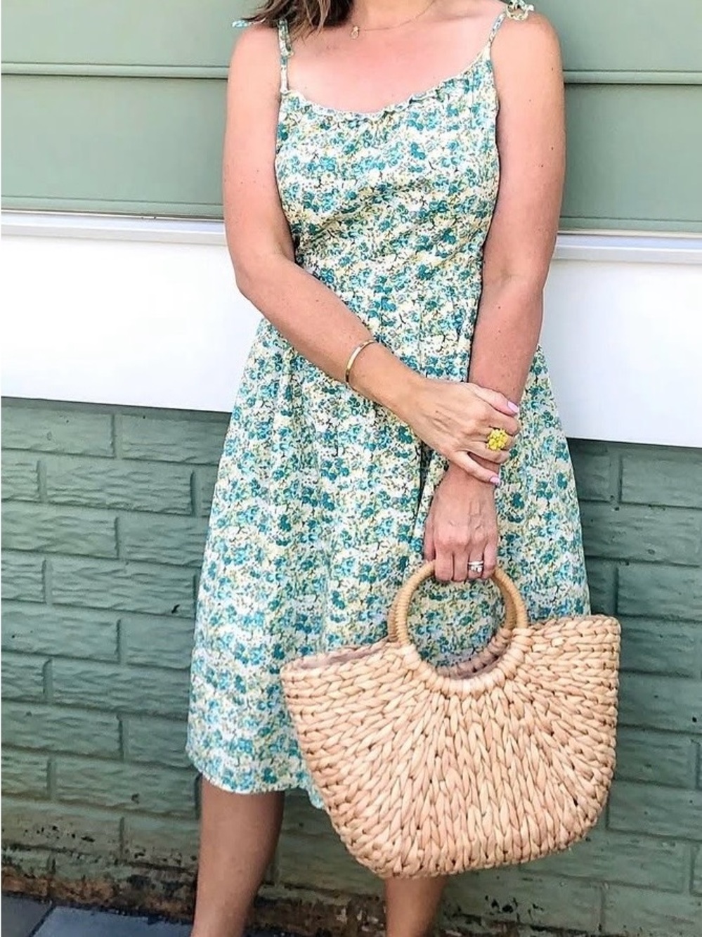 LOFT Floral Tie-Strap Dress in Teal & Yellow